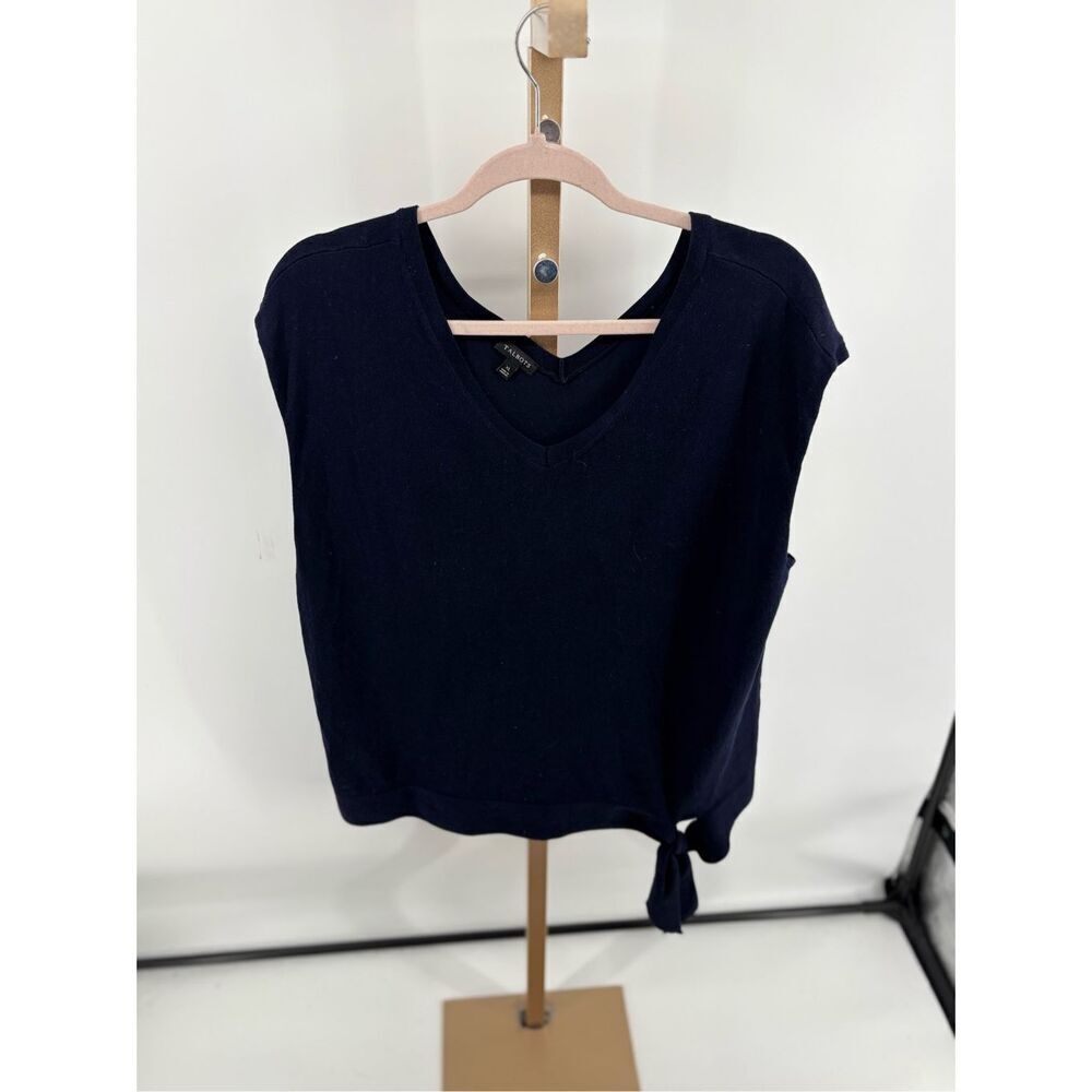Talbots Navy Blue Short Sleeve Side Tie Knit Top Size XL V-Neck